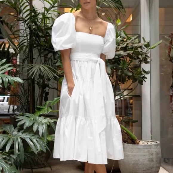 NEW Cara Cara Sydney Midi Cotton Dress - White Puff Sleeve Wedding Event - Picture 4 of 14